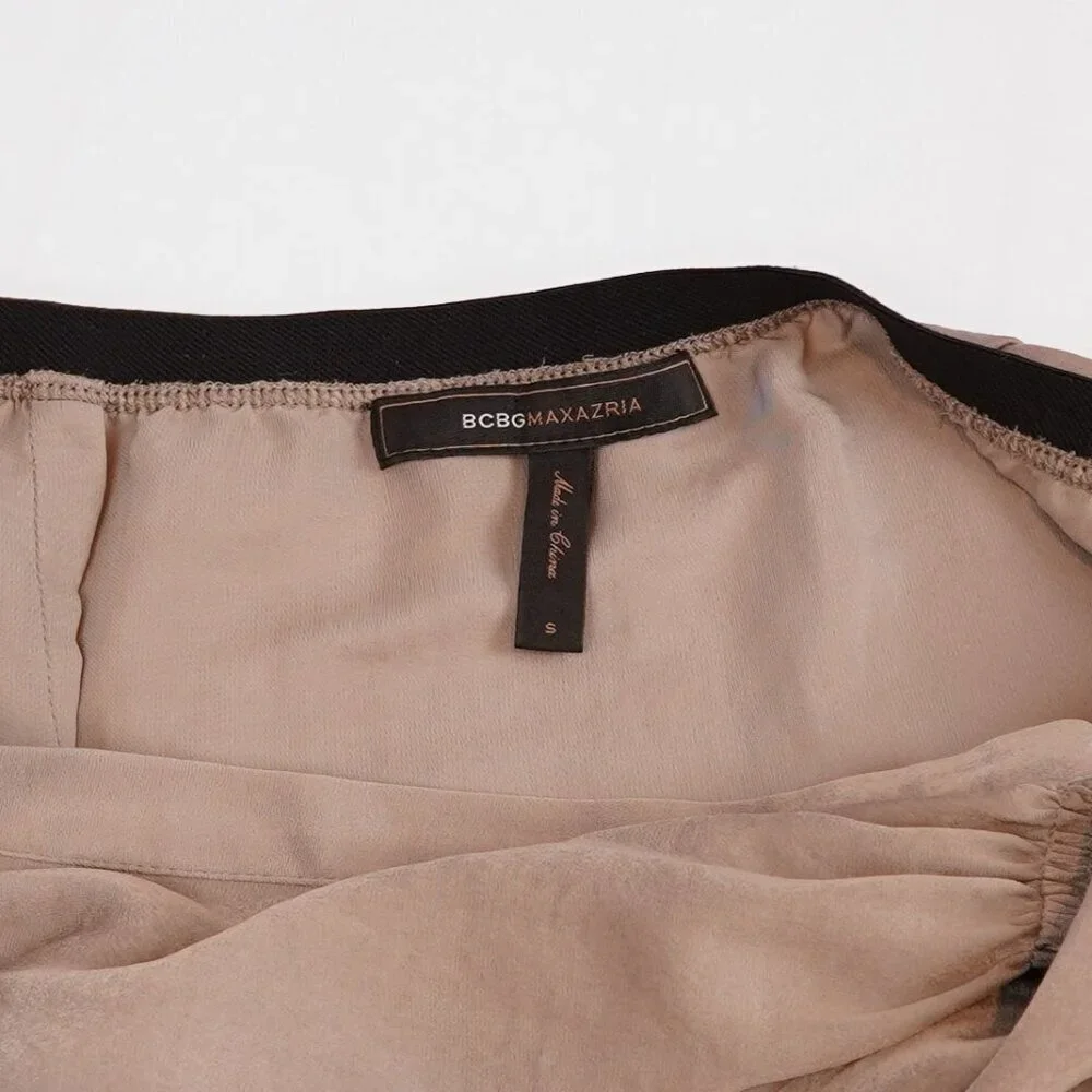 BCBGMaxAzria Stella Asymmetrical Gathered Midi Skirt in Beige Satin - Small